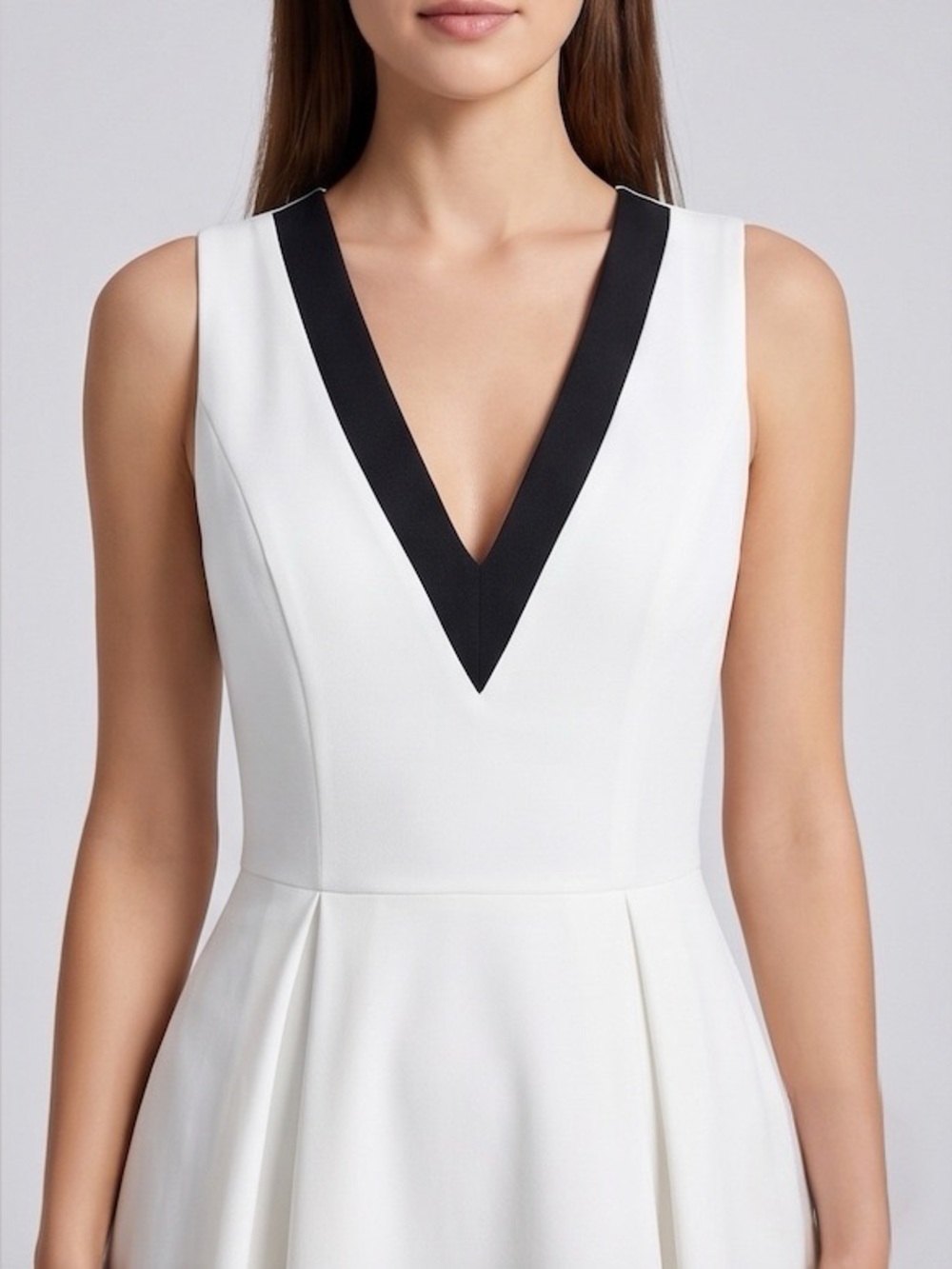 Chic Contrast Trim Pleated Flare Midi Dress with Pockets White/Black - Picture 2 of 7